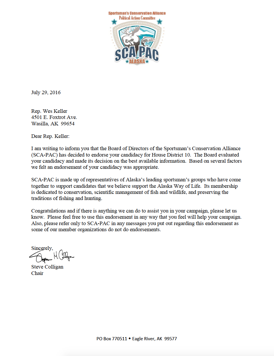 SCA-PAC Keller Endorsement Letter
